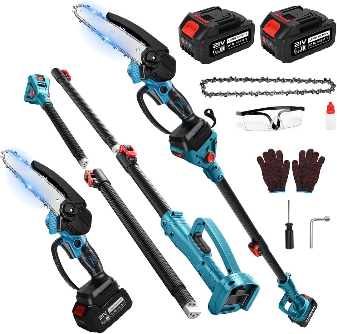 2 in 1 Cordless 6 inch Pole Saw & Mini Chainsaw with 2 21V Battery, Electric Polesaw with Extension Pole for Tree Trimming