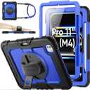 SEYMAC stock for iPad Pro 11 inch Protective Case M5 2025/M4 2024, Heavy Duty Case with Screen Protector, Pencil Holder, Rotating Stand, Hand Strap, Shoulder Strap, Blue