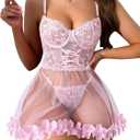 Foxiny Sexy Ruffle Floral Skirt Underwire Mesh Sheer Lace Babydoll Lingerie Dress with Thong 2 Piece, Small
