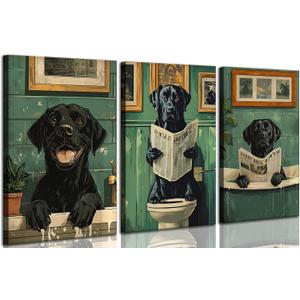 3Pcs Funny Bathroom Dog Canvas Wall Art Humor Vintage Black Dog Reading Newspaper on Toilet Animal Painting Pictures Wall Decor Poster Print Artwork for Washroom Restroom Home Decoration (16L''x12W'')