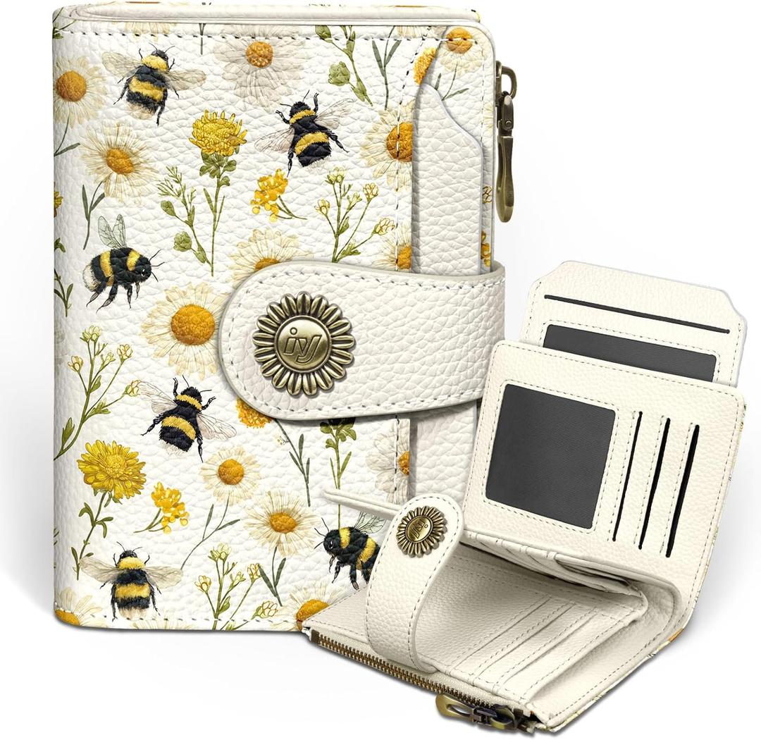 Icycay Floral Bee Small Wallet Women RFID Blocking Bifold, Credit Card Holder, Zipper Coin Pocket, PU Leather, Cute, Compact, Travel, 4 ID Window, 14 Card Slots, Cash Purse, Ladies Woman Female Girls