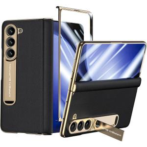 Phone Case for Samsung Galaxy Z Fold 5,Luxury Premier Genuine Leather,Full Body Hinge Protection,Built-in Screen Protector,Kickstand Slim Protective Cover for Galaxy ZFold 5 (Black)