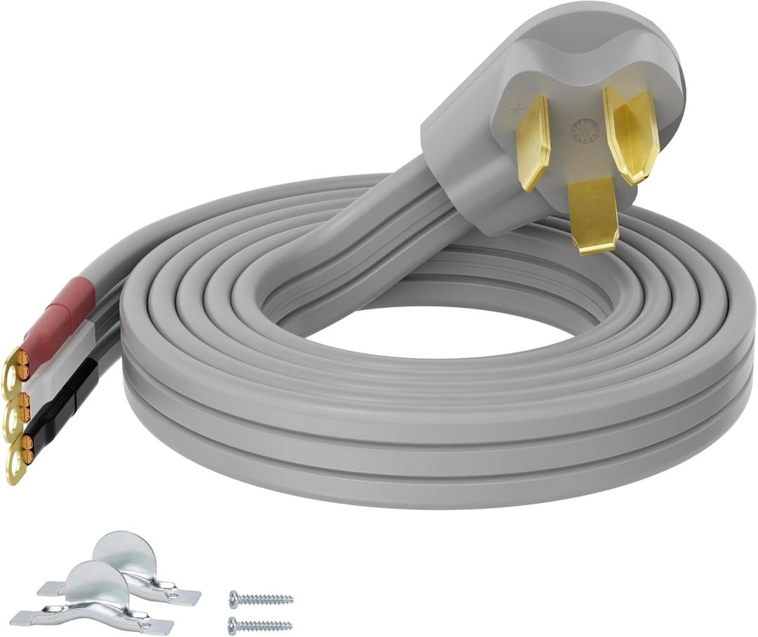 3 Prong Dryer Cord 15 FT, NEMA 10-30P to 3-Wire Appliance Cord, 30-Amp, 3 Wires with Eyelet Connectors, 10 Gauge Copper Wire, Grey Cable