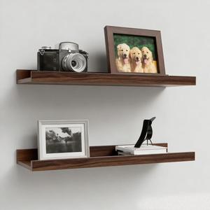 Boswillon Floating Shelves Set of 2, Farmhouse Wall Shelves with Lip, Display Picture Ledge Shelf for Bedroom, Living Room, Bathroom, Kitchen - Walnut (15.7 in)