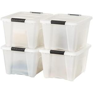 IRIS USA 32 Qt Stackable Plastic Storage Bins with Lids, 4 Pack - BPA-Free, Made in USA - Discreet Organizing Solution, Latches, Durable Nestable Containers, Secure Pull Handle - Pearl