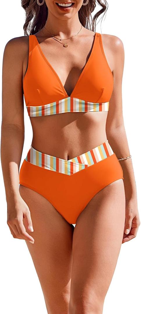 AI'MAGE High Waisted Bikini Set for Women Tummy Control Women's 2 Piece Bathing Suit V Neck Sexy Color Block Swimsuit 2025 (Orange, XL)
