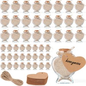 Zopeal 141 Pcs Heart Shaped Glass Jars, Honeymoon Sand Keepsake Jar with Cork Lids, Small Wish Bottles Bulk with Label Tags and String for Valentine's Day Gift Wedding Baby Shower Party Favor (Clear)