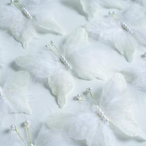 12 PCS White Feather 3D Butterfly Wall Stickers, Glitter Butterflies Decor for Flower Bouquet Nursery Wedding Cake Baby Shower Birtyday Party Decorations DIY Crafts, Butterfly Hair Clips