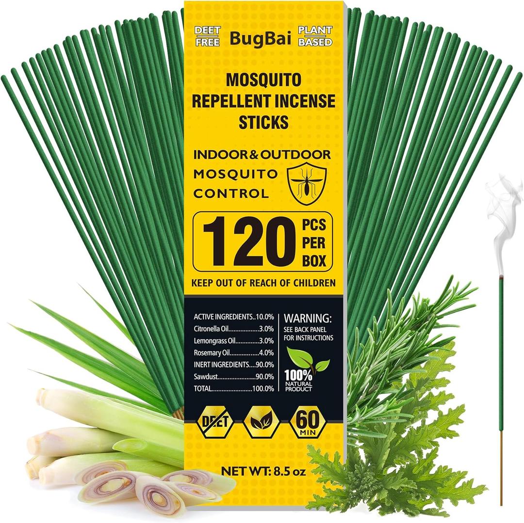 Bugbai Mosquito Repellent Outdoor Patio 120 PCS, Citronella Oil Mosquito Incense Sticks Indoor Home Pet Family Safe, Natural Plant-Based Bug Insect Barrier for Yard Garden Lawn Camping Fishing