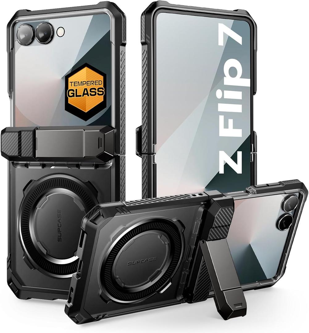 SUPCASE for Samsung Galaxy Z Flip 7 Case with Stand & Front Screen Protector (Unicorn Beetle Grip), [Support MagSafe] [Hinge Protection] Full Body Military-Grade Translucent Back Phone Cover, Black