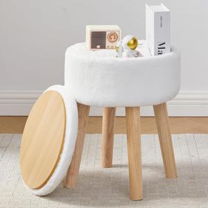 BRIAN & DANY Vanity Stool, Faux Fur Vanity Stool Chair with Storage, Round Makeup Chair Soft Padded Seat with Legs for Bedroom (White)