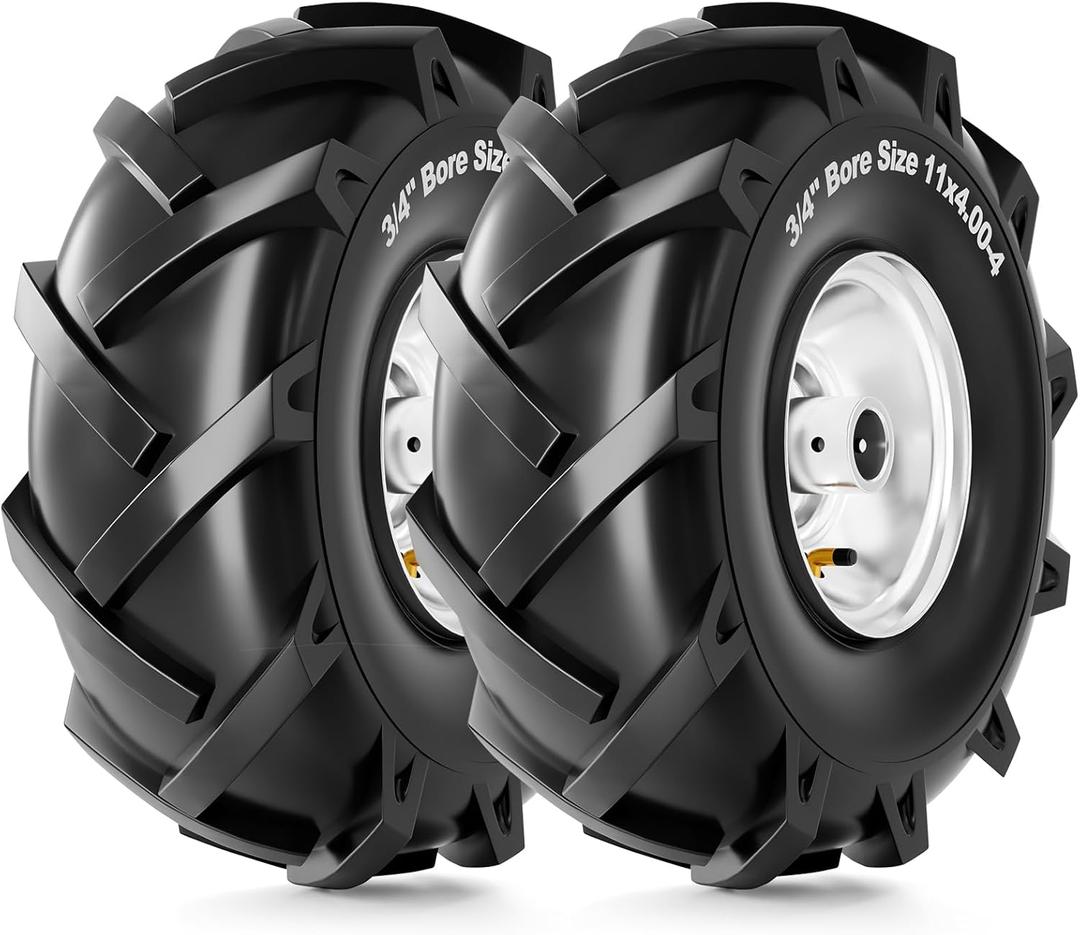 RONPOW 11x4.00-4 Tiller Tire and Wheel, 3/4" Axle Bore, 3-1/8" Centered Hub, 400 lb Load Capacity, 4 Ply Pneumatic Replacement Tire for Rototiller & Garden Tiller, 2 Pack Silver