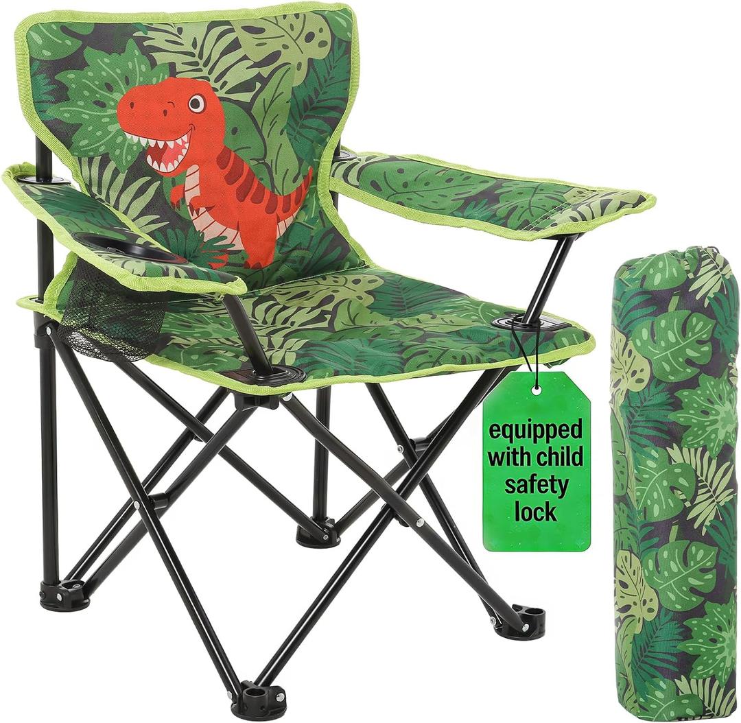 Huskfirm Padded Kids Camping Chair Folding Toddler Chair with Cup Holder & Safety Lock Portable Kids Beach Chair Ages 3-6 for Outdoor Camping Foldable Kids Chair Support 120lbs, Green Dinosaur