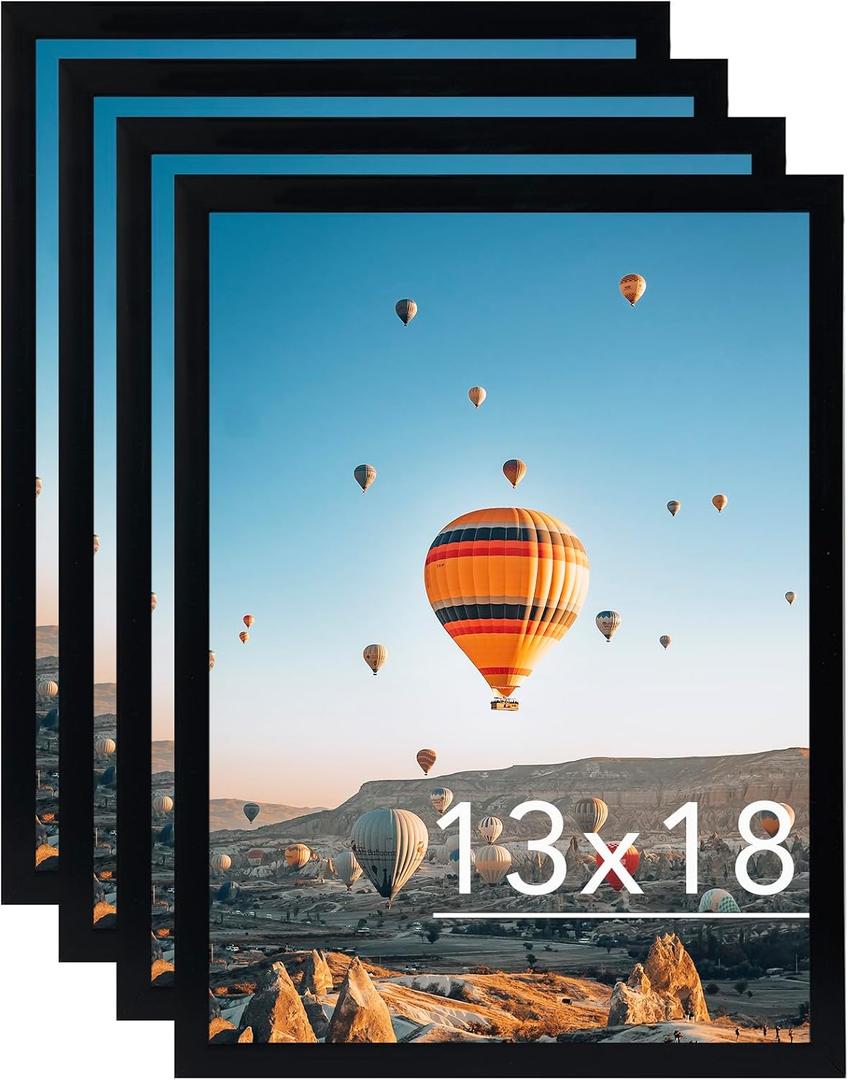 JCJMY 13x18 Picture Frame Set of 4 Black for Wall Hanging, Wall Mounting Horizontally or Vertically, 13 x 18 Wall Gallery Poster Photo Frame with Shatter Resistant Plexiglass, 4 Pack, Black