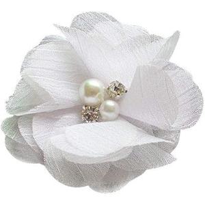 Chenkou Craft Pack of 12pcs Chiffon Flowers Ribbon Bows W/Beads 2-3/8" (60mm) Appliques Wedding Decor Bulk Lots (White)