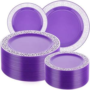 Maxcheck 100 Pack Purple Silver Plastic Plates Disposable Plates with Silver Rim Plastic Dinnerware Set Dessert Salad Reusable Party Dinner for Wedding Birthday Valentine