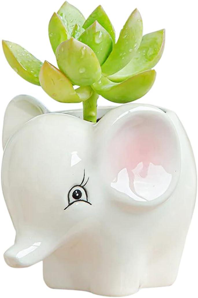 DIYOMR Cute Animal Ceramics Planter Small Succulent Pot Cartoon Shaped Plant Pot for Mini Plants Flower Cactus, Smooth Shiny Ceramic - Plants Not Included (Elephant)