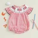 YolanerBaby 4th of July Baby Girl Outfit Flag Embroidery Smocked Bubble Romper Ruffle Bodysuit Cute Summer Clothes (Red Plaid, 0-3 Months)