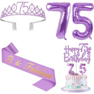 75th Birthday Decorations for Women Purple with 75th Birthday Sash and Crown, Cake Topper and Candles, Number Balloons, 75 Year Old Gifts for Women