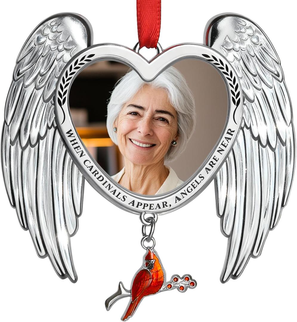 Memorial Christmas Photo Ornaments 2025 Angel Wings Sympathy Gifts for Loss of Loved One - Personalized Cardinal Picture Frame Ornament for Christmas in Heaven Tree Decor