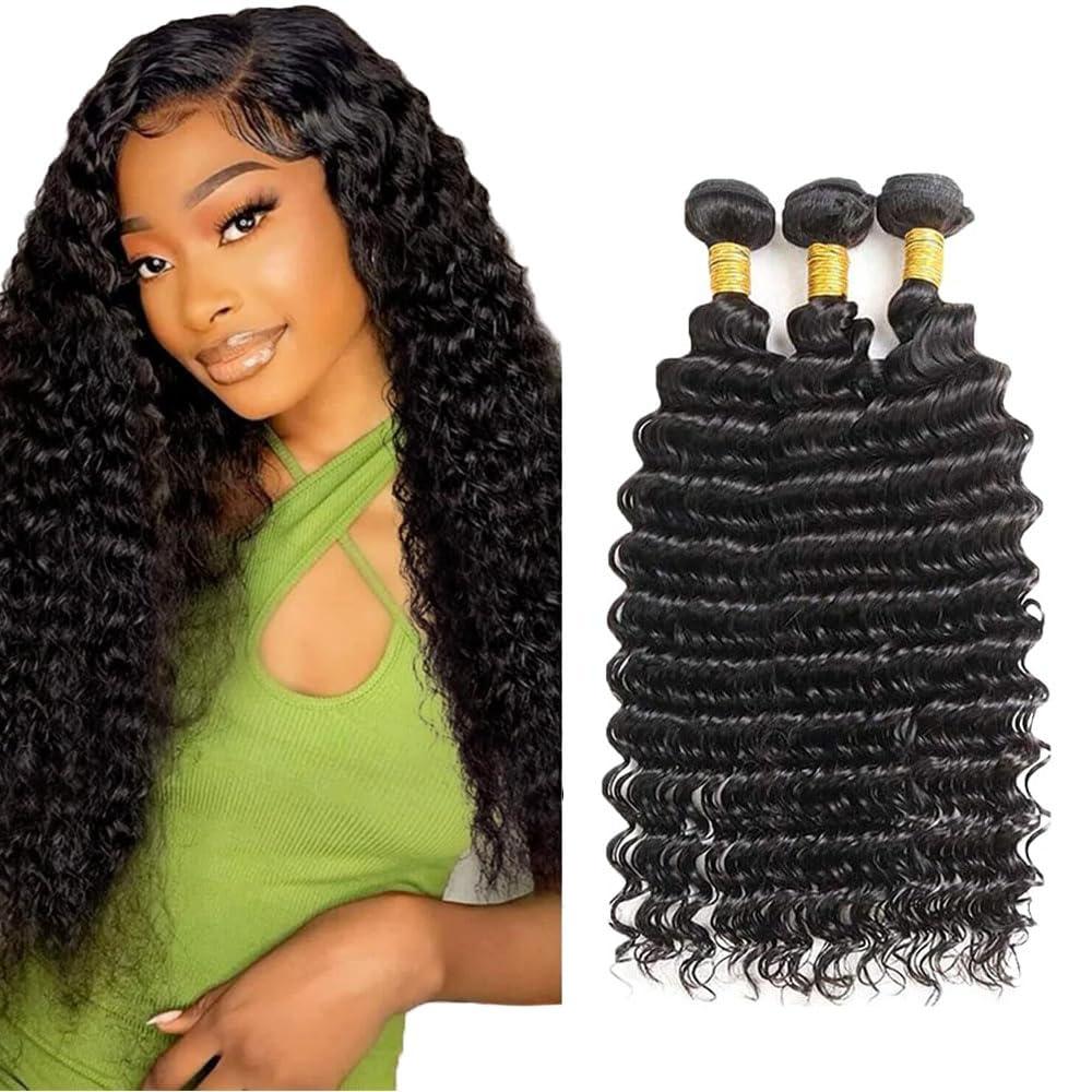 Human Hair Bundles Deep Wave Bundles Human Hair Extensions Soft Brazilian Virgin Deep Wave Human Hair 3 Bundles Natural Color 26 28 30 Inch