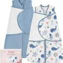 Baby Swaddle Sleep Sack 3-6 Months, Swaddles for Newborns Boy Girl, 3-Way Adjustable Infant Swaddle Wearable Blanket with Zipper & Detachable Wrap, 2 Pack Soft Snug Blue Whale