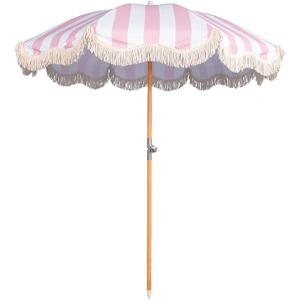 6.5ft Boho Beach Umbrella with Fringe, UPF 50+ Tassel Umbrellas with Carry Bag, Premium Wood Pole Foldable Patio Umbrella for Outdoor Holiday Garden Lawn Pool Yard Table