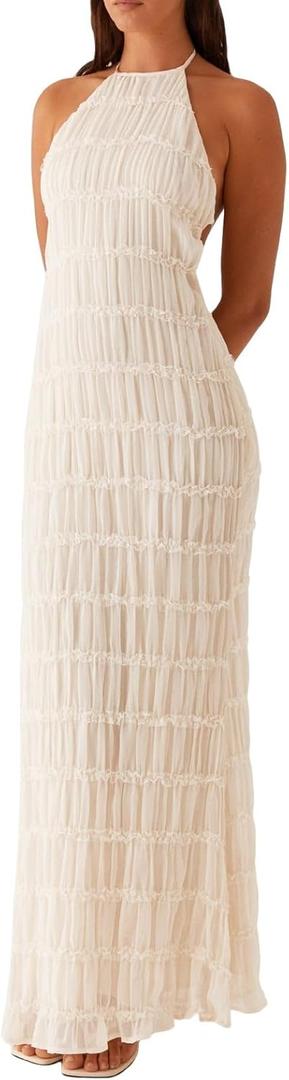 Flowy Boho Beach Dress for Women Halter Backless Smocked Vacation Long Dress Sexy Off Shoulder Resort Maxi Sundress (Small, Ivory)