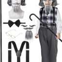 WILLBOND 10 Pcs Old Man Costume for Boys 100 Days of School Halloween Grandpa Costume for Kids Pants, Vest, Wigs Cosplay Set (Medium)