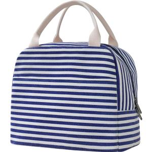 EurCross Blue and White Stripes Lunch Bag Women,Cooler Tote Bag Insulated Lunch Bento Box Bag, Canvas Portable Tote Thermal Bag for Adult Women and Men for Work