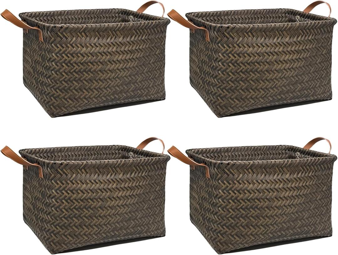 GIB Wicker Storage Baskets for Shelves with Handles 4 Pack, 15"x11" Large Woven Decorative Rectangular Baskets Bins Organizer for Blankets Clothes Laundry Bathroom Nursery Picnic, Black/Dark Gray