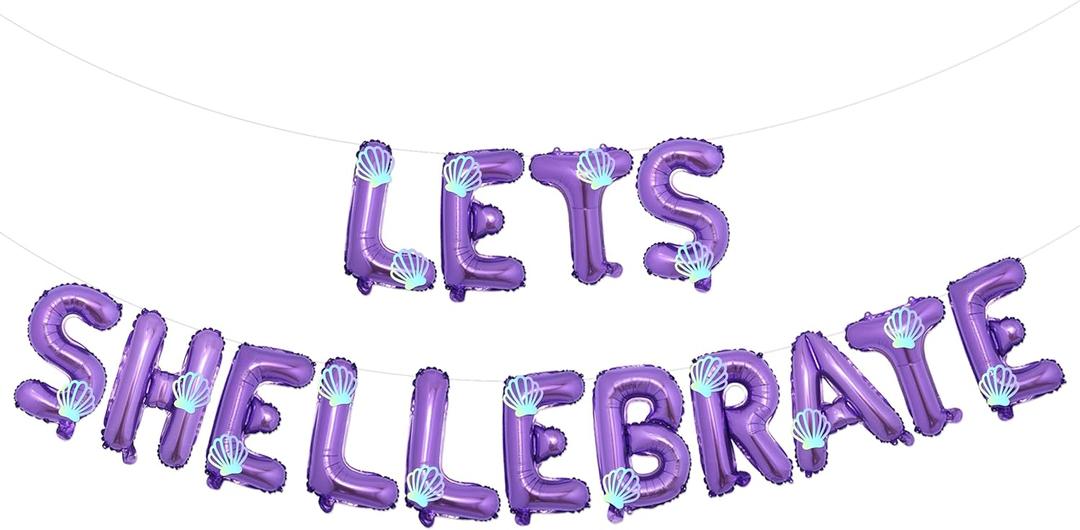 Let's Shellebrate Birthday Decorations Purple Let's Shellebrate Foil Balloon Banner with Iridescent Sea Shell Cards Kit for Mermaid Birthday Party Beach Wedding Coastal Bachelorette Party Supplies