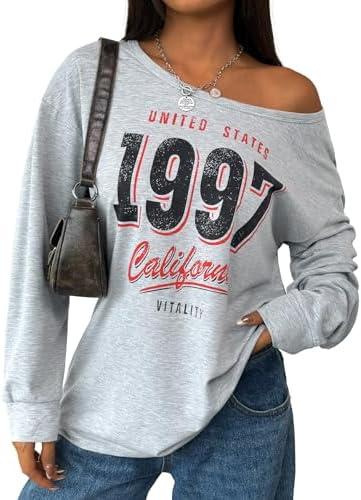 SOFIA'S CHOICE Women's Graphic Off Shoulder Tops Oversized Long Sleeve Shirts Grey, Small