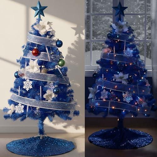 Lunmon 44 Pcs 4 ft Half Christmas Tree for Wall Corner Christmas Tree with Xmas Ball Light String Icicle Flowers Snowflake Ribbon Top Star for Holiday Indoor Party Decoration(Blue)