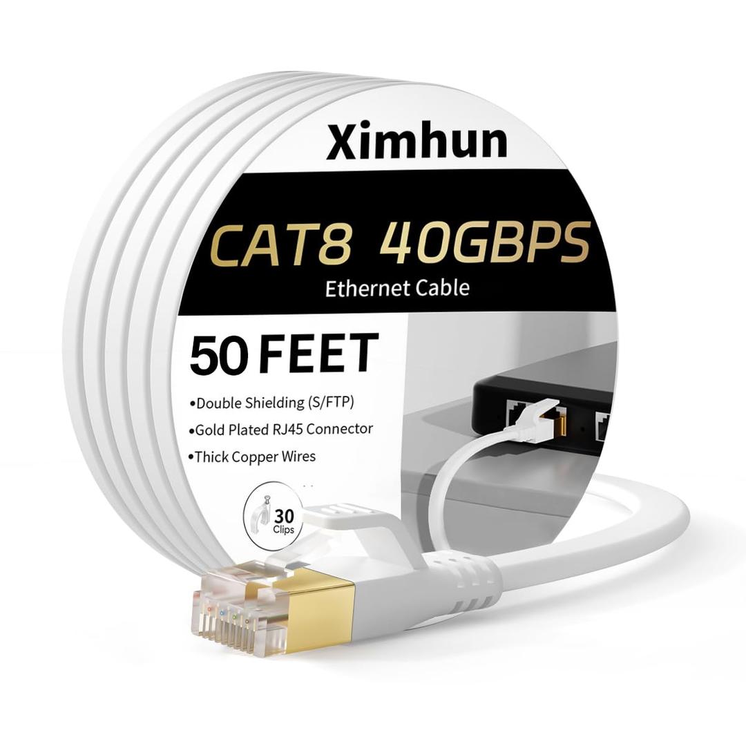 Cat 8 Ethernet Cable, High-Speed Internet Cable Network Cord with RJ45 Connector 40Gbps 2000Mhz Heavy Duty LAN Cable Shielded Indoor,50FT White