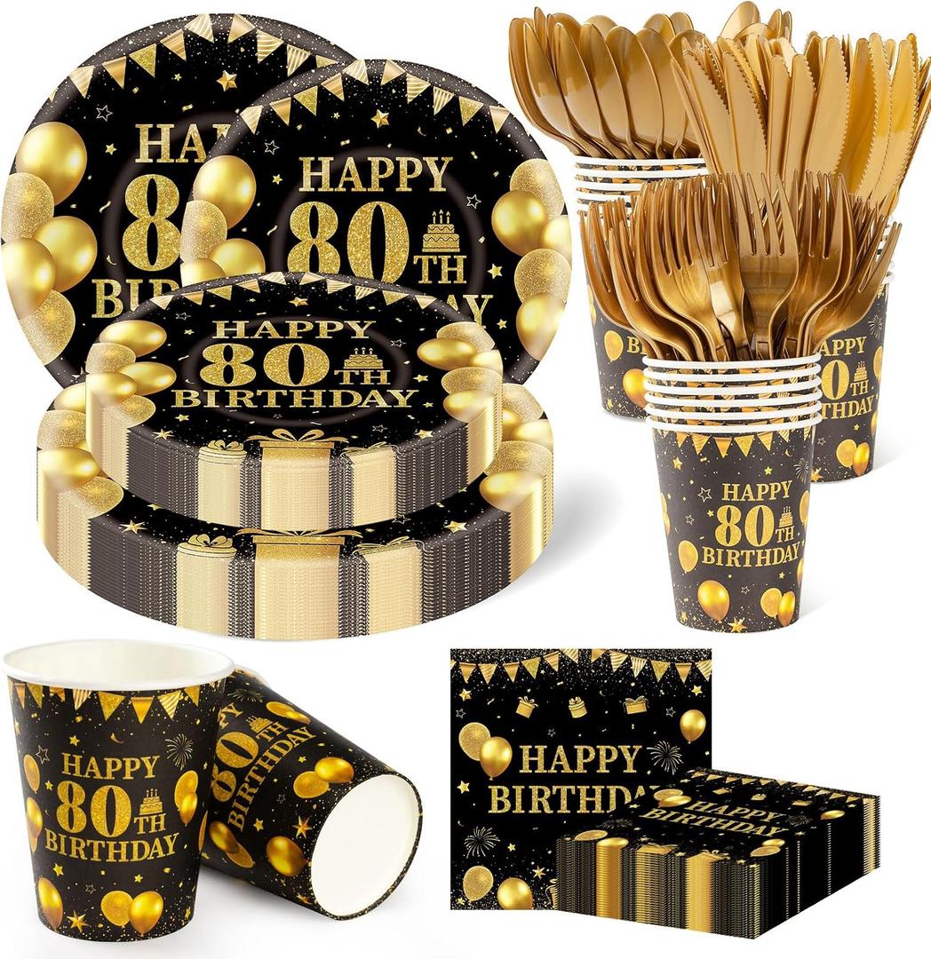350PCS 80th Birthday Party Decorations for 50 Guests Black and Gold Party Supplies Include Disposable Paper Plates, Napkins, Cups, and Tableware
