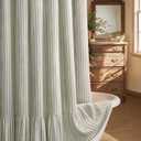 Farmhouse Shower Curtain with Ruffle Hem Linen Shower Curtains for Bathroom Country Vintage Rustic Natural Fabric, Cream-Green Stripe 72" W x 96" L
