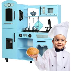 TaoHFE Toy Kitchen, Blue Kids Kitchen Playset for Kids Ages 4-8 Boys Gift Girls Play Kitchen Sets for Kids Kitchen Playset with Lights and Sounds Wooden Toy Kitchen Playset Gift Kids Kitchen Set