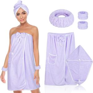 Towel Wrap Women Shower Robe Adjustable Closure Bathrobe with Hair Drying Towel & Spa Wraps (Purple, M)
