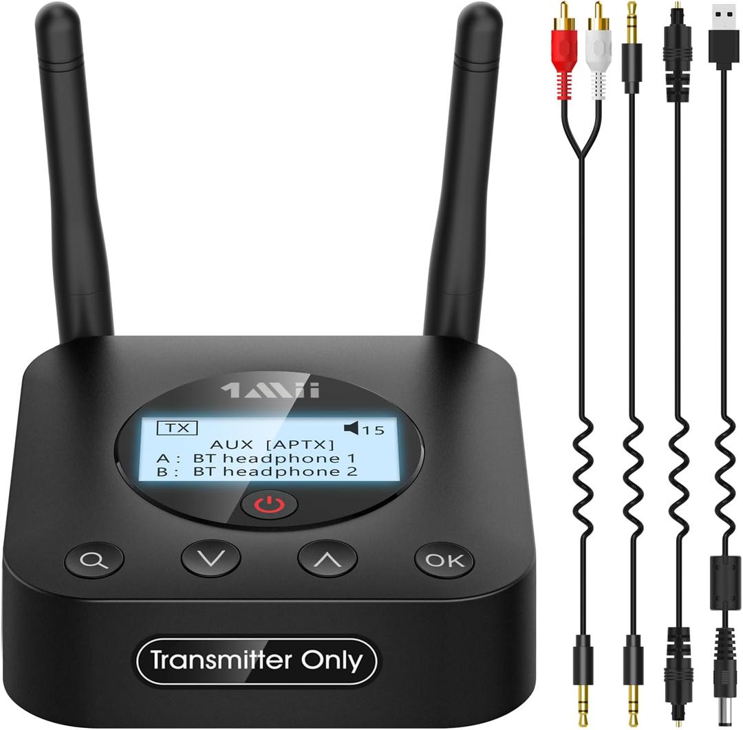 1Mii B06TX+ Long Range Bluetooth 5.2 Transmitter for TV/PC/Projector to 2 Wireless Headphones/Speakers, Bluetooth Adapter for TV w/Screen Display Plug n Play, aptX Low Latency & HD Audio (black)
