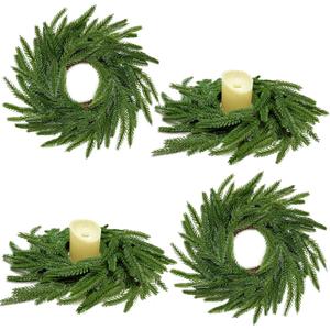 13.5 Inch Norfolk Pine Wreath Candle Rings, 4 Pcs Realistic Soft and Full Mini Christmas Wreath Table Centerpieces Candle Wreaths for Pillar Candles Cedar Small Wreaths for Cabinets Kitchen Windows