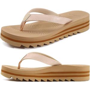 KuaiLu Womens Flip Flops Ladies Yoga Mat Platform Thong Sandals Dressy Womans Lightweight Summer Slip On Beach Flip Flop Sandles, Soft Cushion Footbed, Arch Support (7, Beigechoose a Smaller Size)