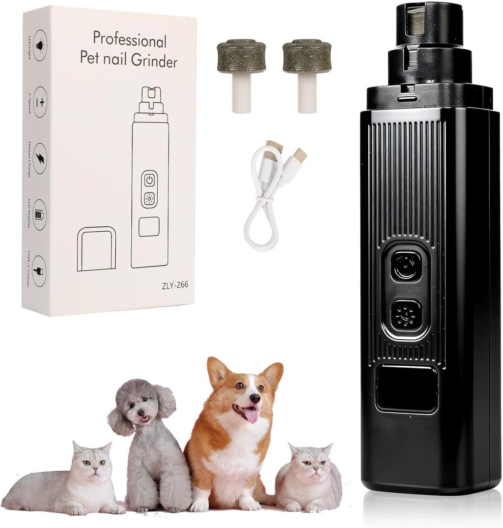 Cat Nail - Safe Cut Cat Nail Trimmer with Three Grinding Heads, Pet Nail Clippers with Light, Two Adjustable with 360 Grinding Settings, Ultra-Quiet, for All Cats  Dogs (Black)