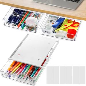 SOUJOY 2 Pack Under Desk Drawer, Self-Adhesive Slide Out Organizer Tray, Plastic Stick On Table Hidden Attachable Drawer Tray for Office Home School Kitchen