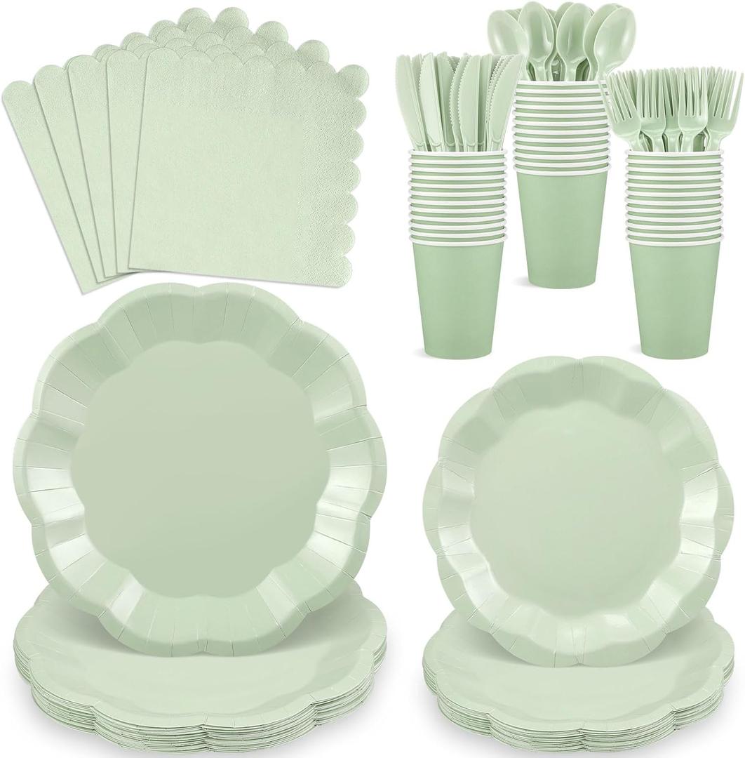 NatNarr 175 Pcs Sage Green Plates and Napkins Set, 25 Guest Sage Green Party Supplies Include Scalloped Paper Plate Napkin Cup Forks Knives Disposable Plastic Cutlery for Wedding Baby Shower Birthday