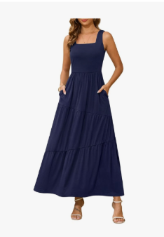 Kranda 2025 Summer Sleeveless Long Beach Sundress Square Neck Tank Top Tiered Maxi Dress with Pockets, Small