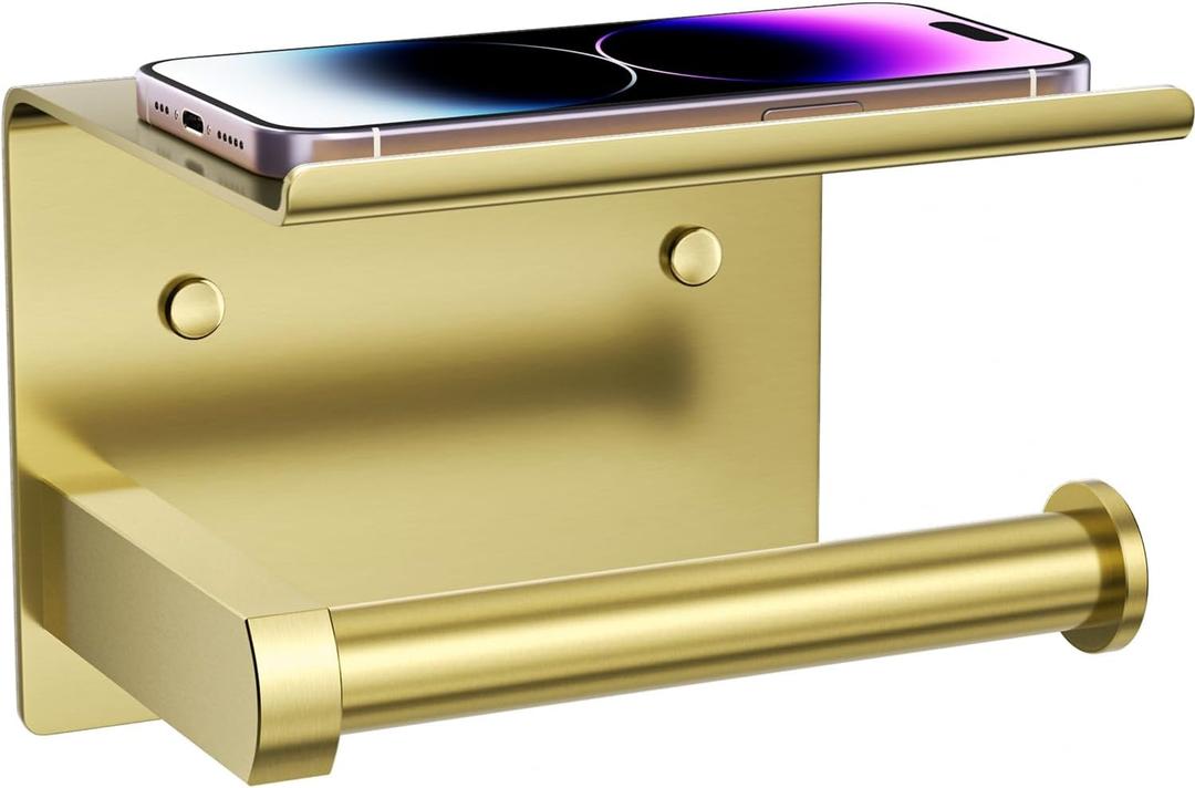 Tindbea Toilet Paper Holder with Phone Shelf, Adhesive or Screw Wall Mount Toilet Tissue Roll Holder, Rustproof & Multifunctional Stainless Steel Bathroom Storage Dispenser (Brushed Gold)