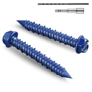 35Pcs 1/4 x 2-1/4 Inch Concrete Screws Anchor with Drill Bit, Blue Hex Head Masonry Brick Stucco Cement Block Screws, Diamond Point