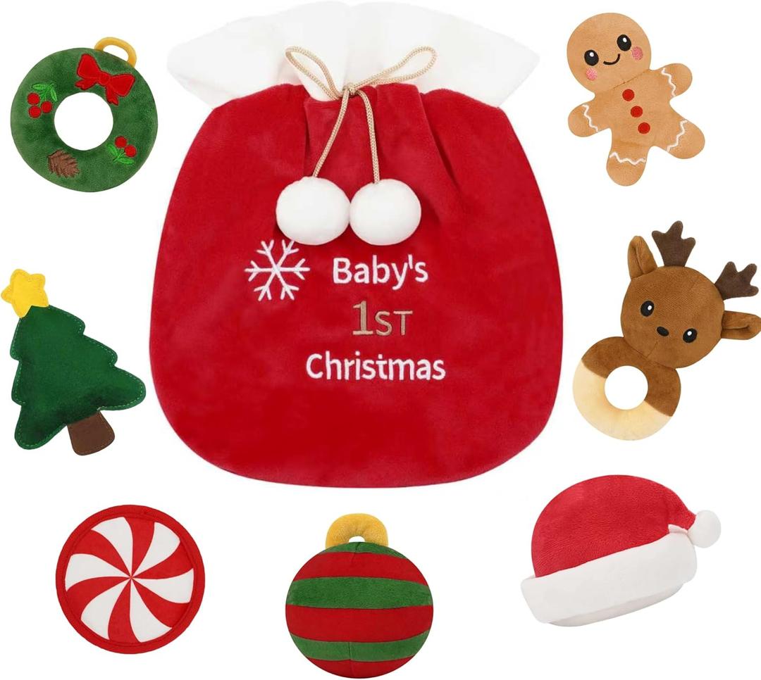 First Christmas Baby Toys,Sensory Plush with Santa Hat Rattles Gingerbread Crinkle Toys for Baby, for Kids Girls Boys, Infant Stocking Stuffers