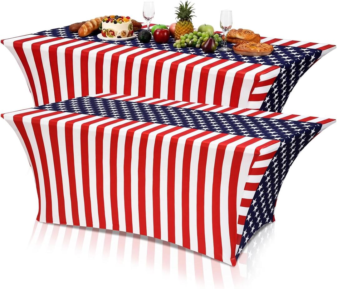 Oudain 2 Pcs Memorial Day Stretch Table Cover 6 Feet Patriotic Spandex Table Clothes Red White and Blue Star Party Decorations for 250th Anniversary Independence Day 4th of July Events Party